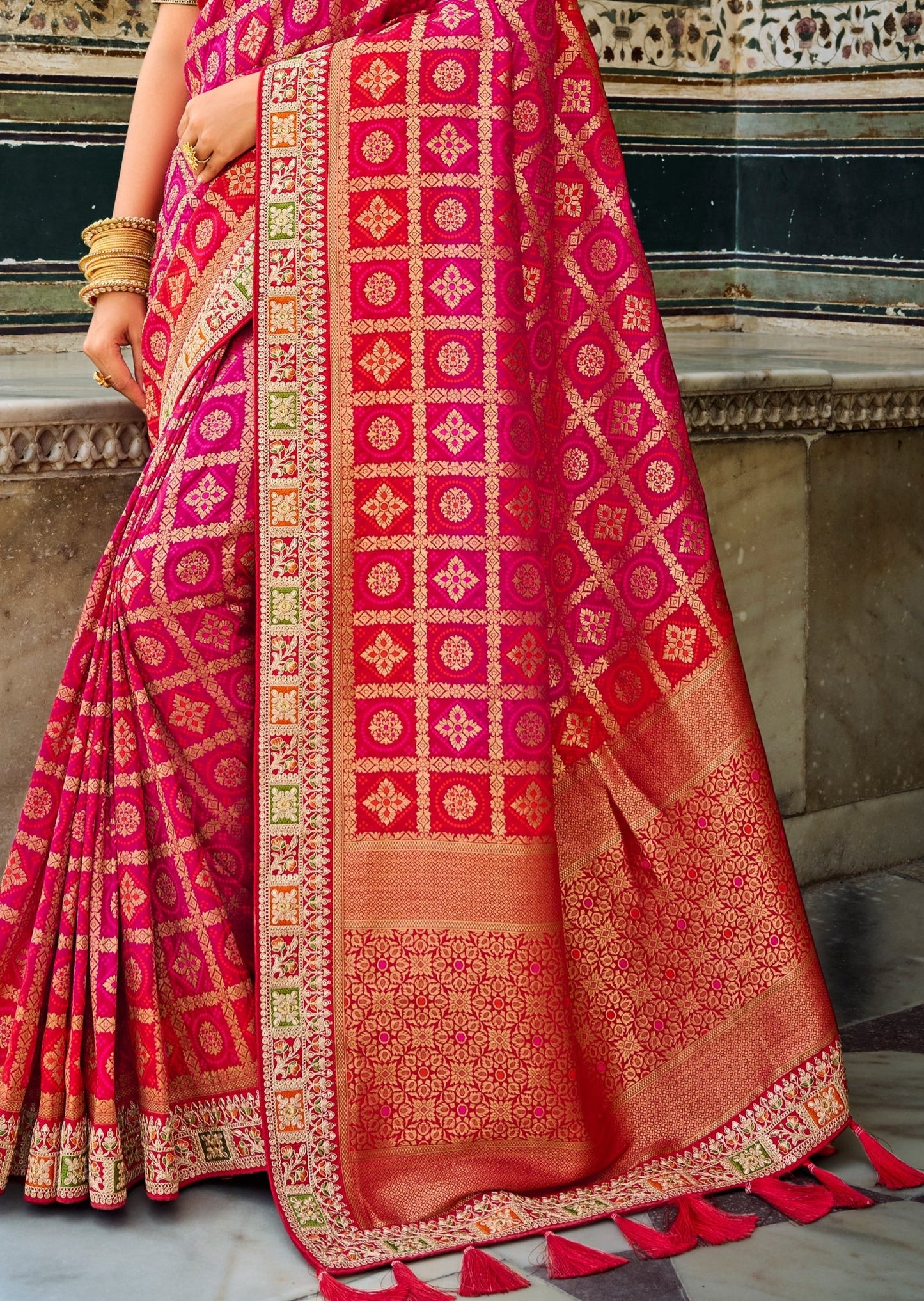 Banarasi Patola Silk Pink Saree with Contrast Green Blouse