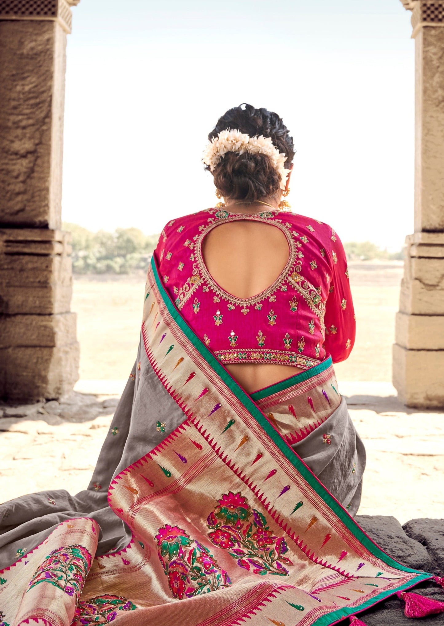 Cut Dana Hand Work Grey Paithani Silk Saree