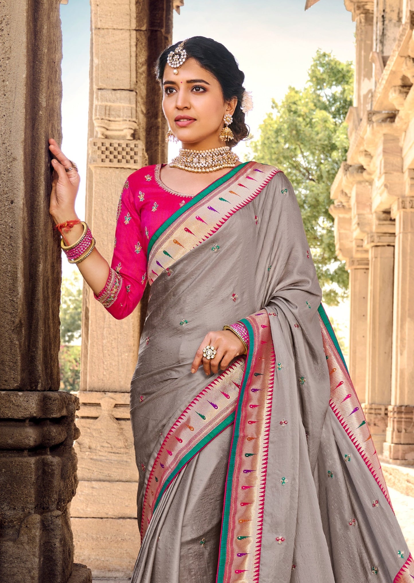 Cut Dana Hand Work Grey Paithani Silk Saree