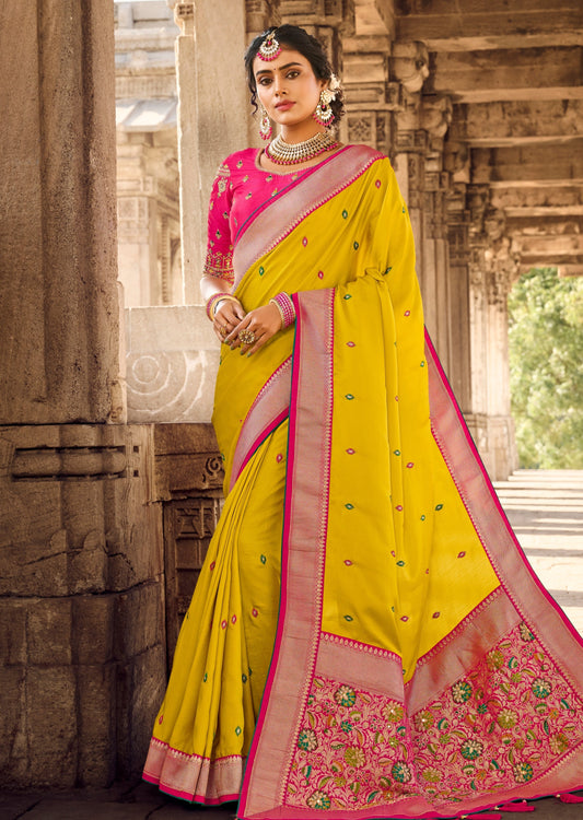 Cut Dana Handwork Yellow Silk Saree