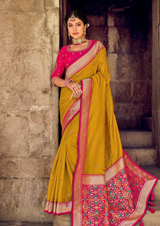 Cut Dana and Mirror Work Mustard Yellow Patola Saree