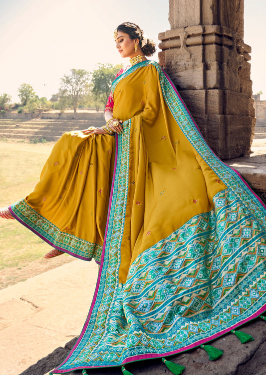 Cut Dana and Mirror Work Mustard Yellow Patola Saree