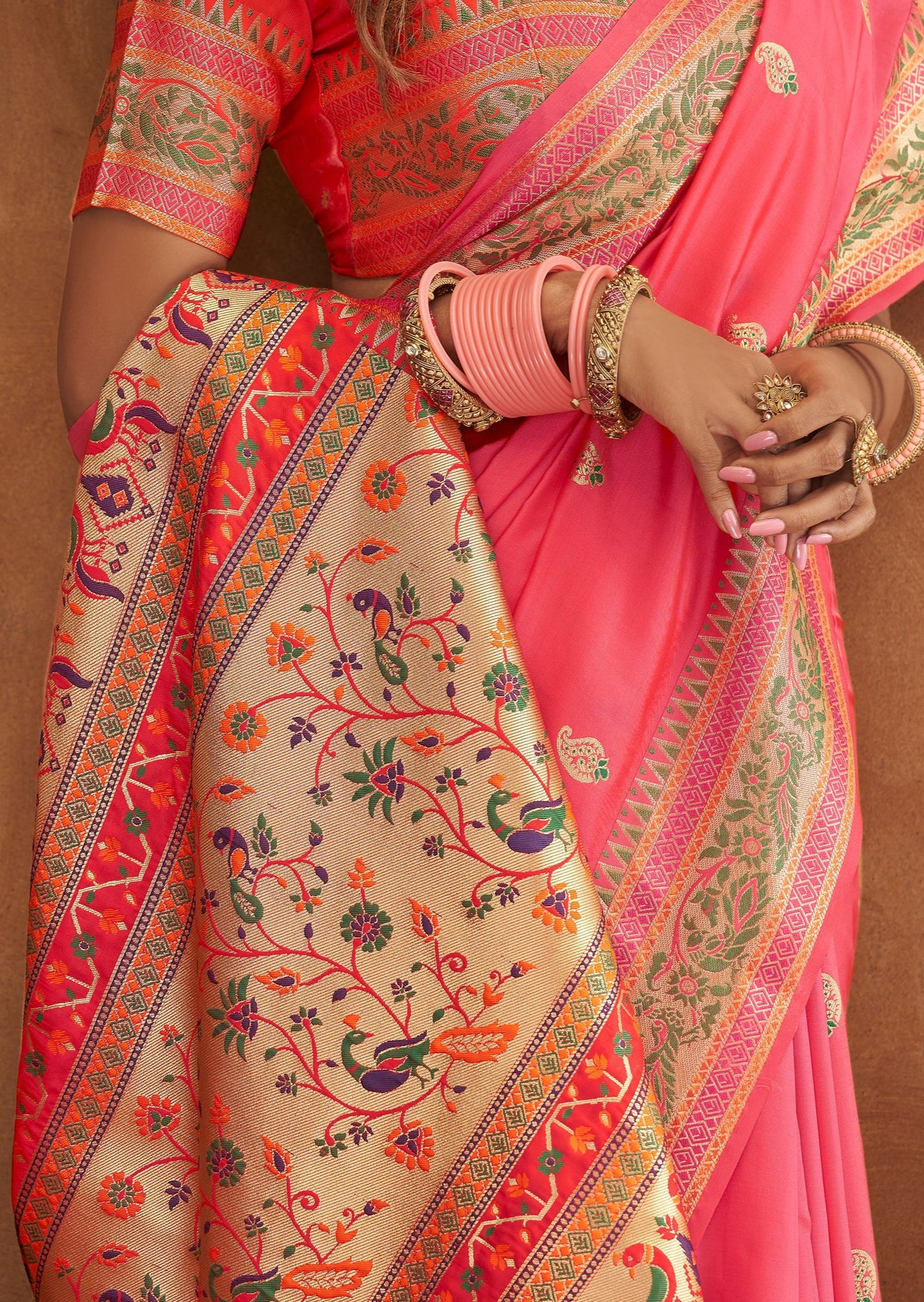 Pure Paithani Silk Rose Pink Saree with Zari Border