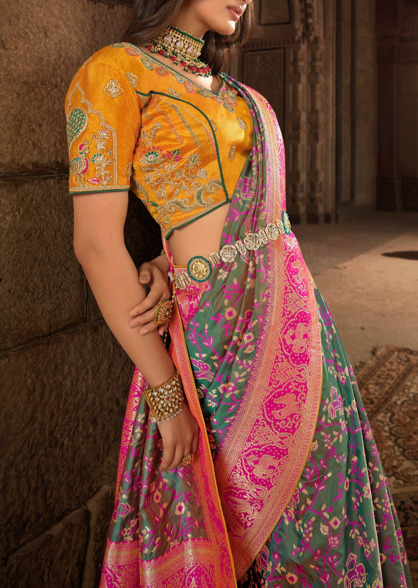 Bridal Banarasi Patola Silk Handloom Saree (Olive Green)