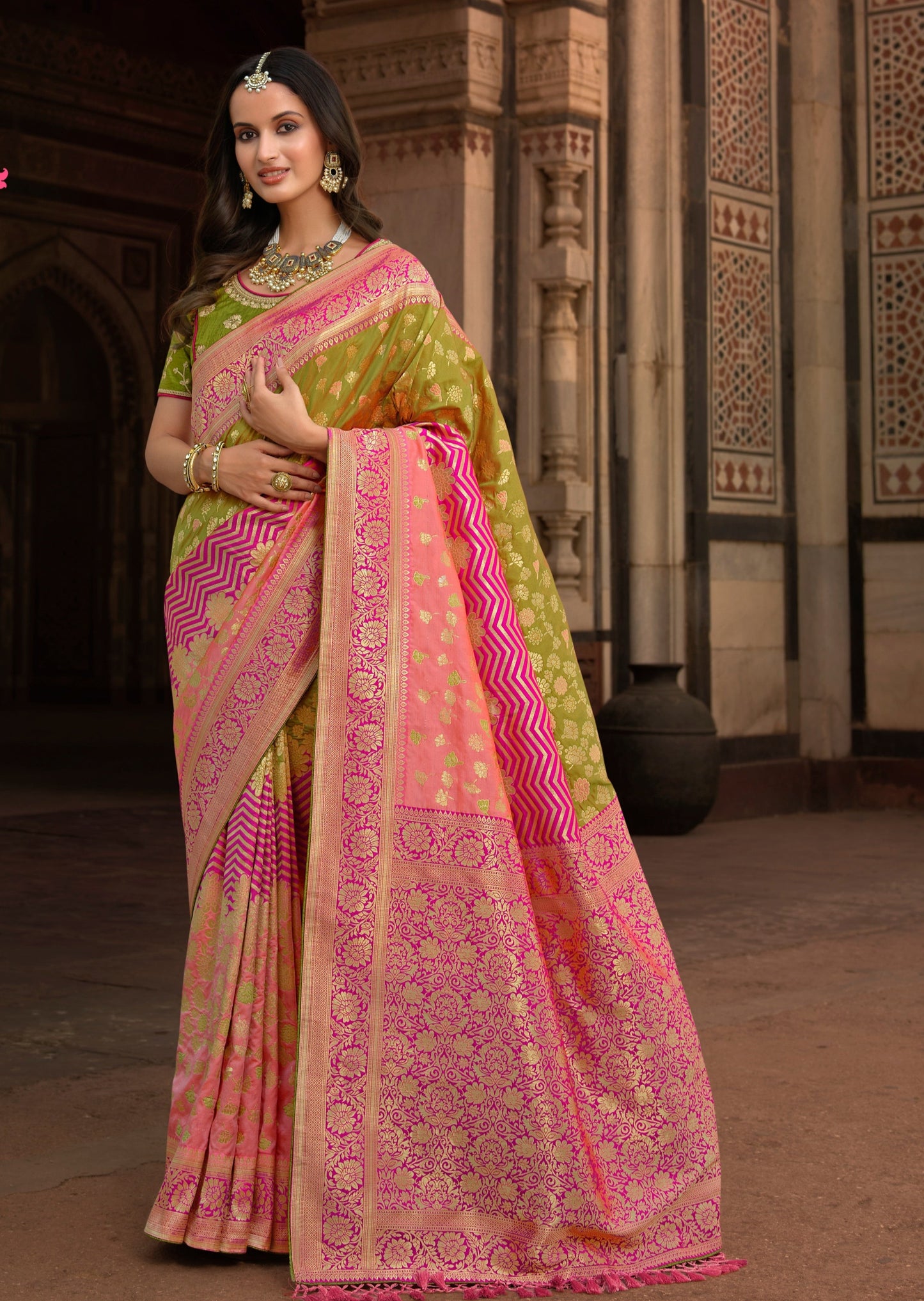 Green Banarasi Silk Saree with Pink Border
