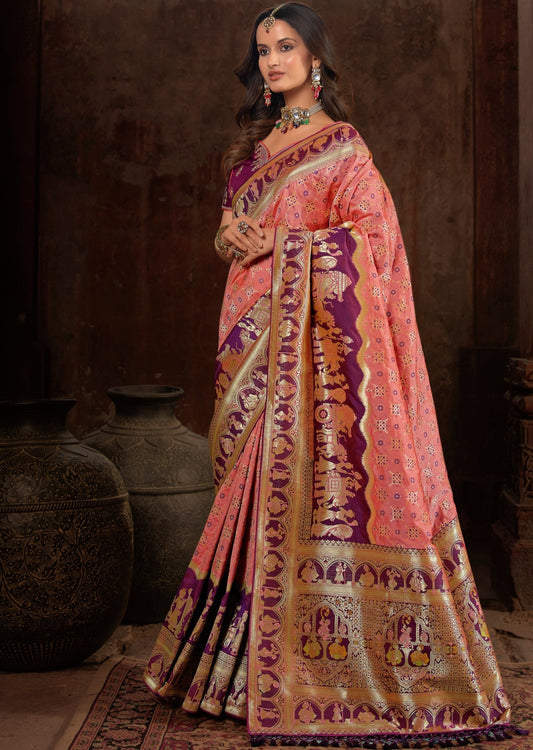 Handloom Weaving Peach Banarasi Patola Silk Saree with Meenakaari