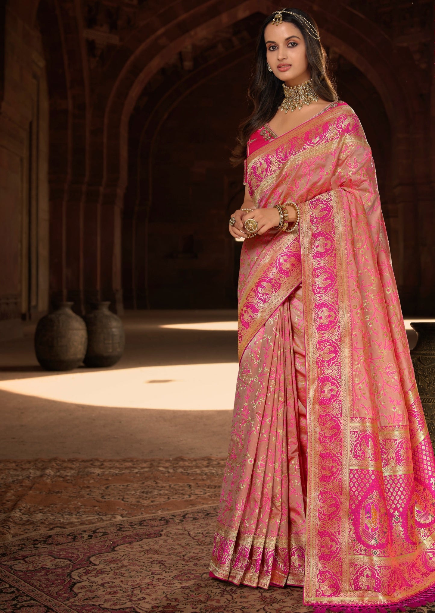 Banarasi Patola Silk Handloom Saree (Flamingo Pink)