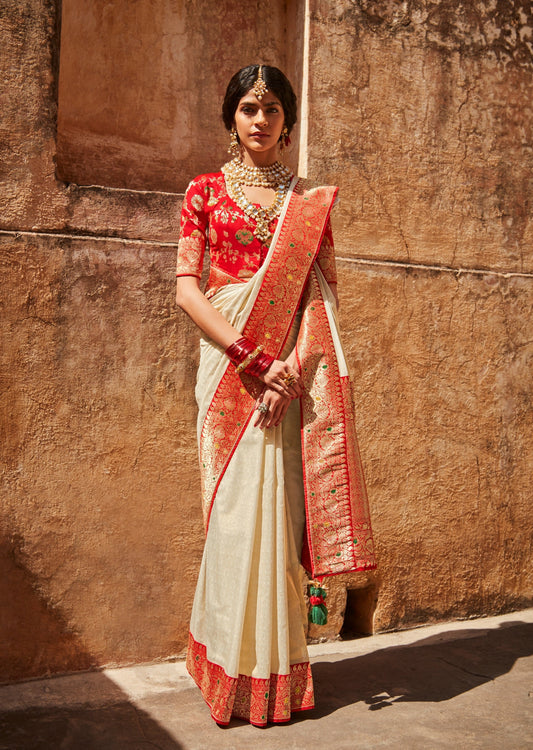 Handloom Banarasi Silk Red and White Saree