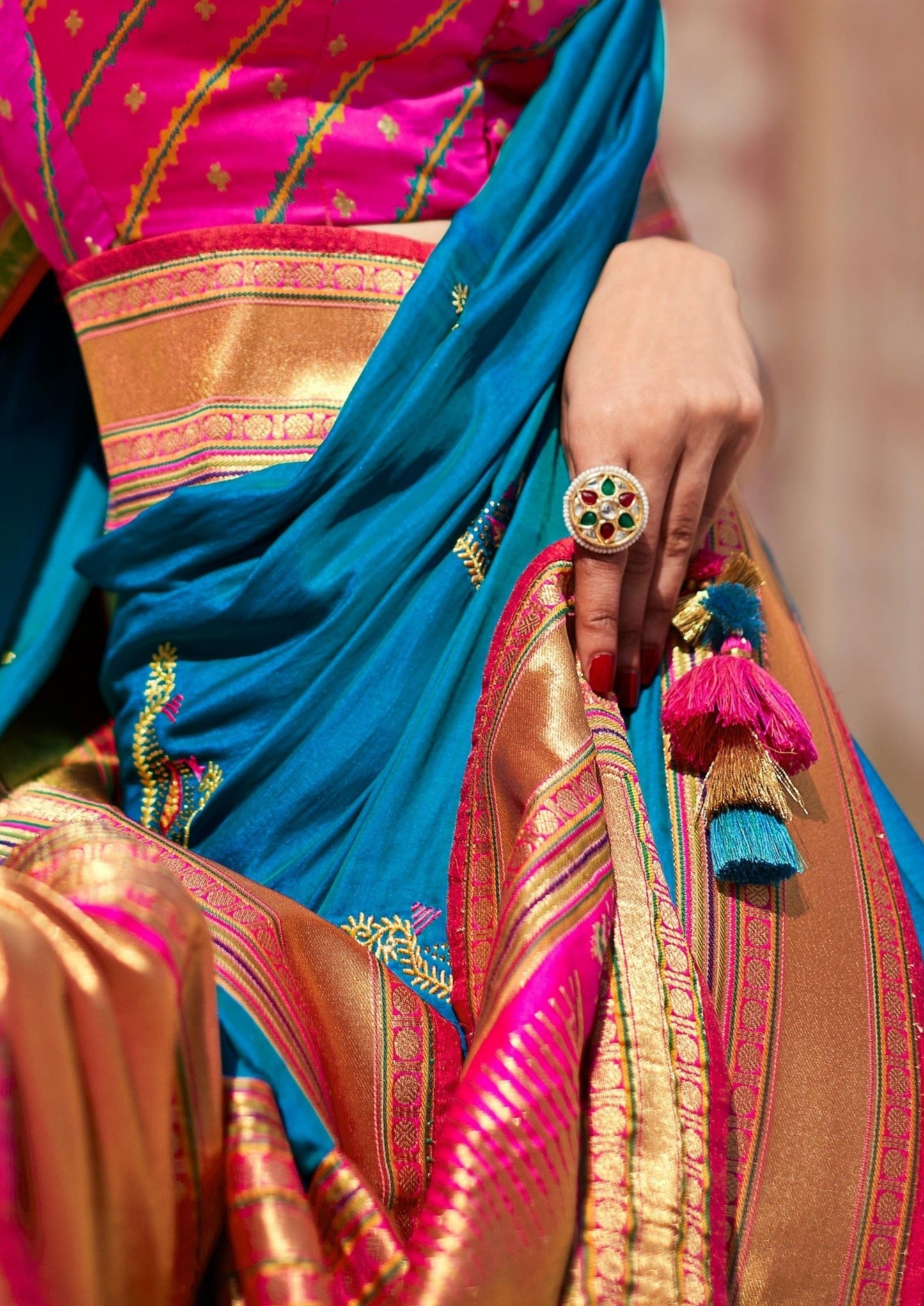 Banarasi Patola Blue Silk Saree with Threadwork Hand Embroidery