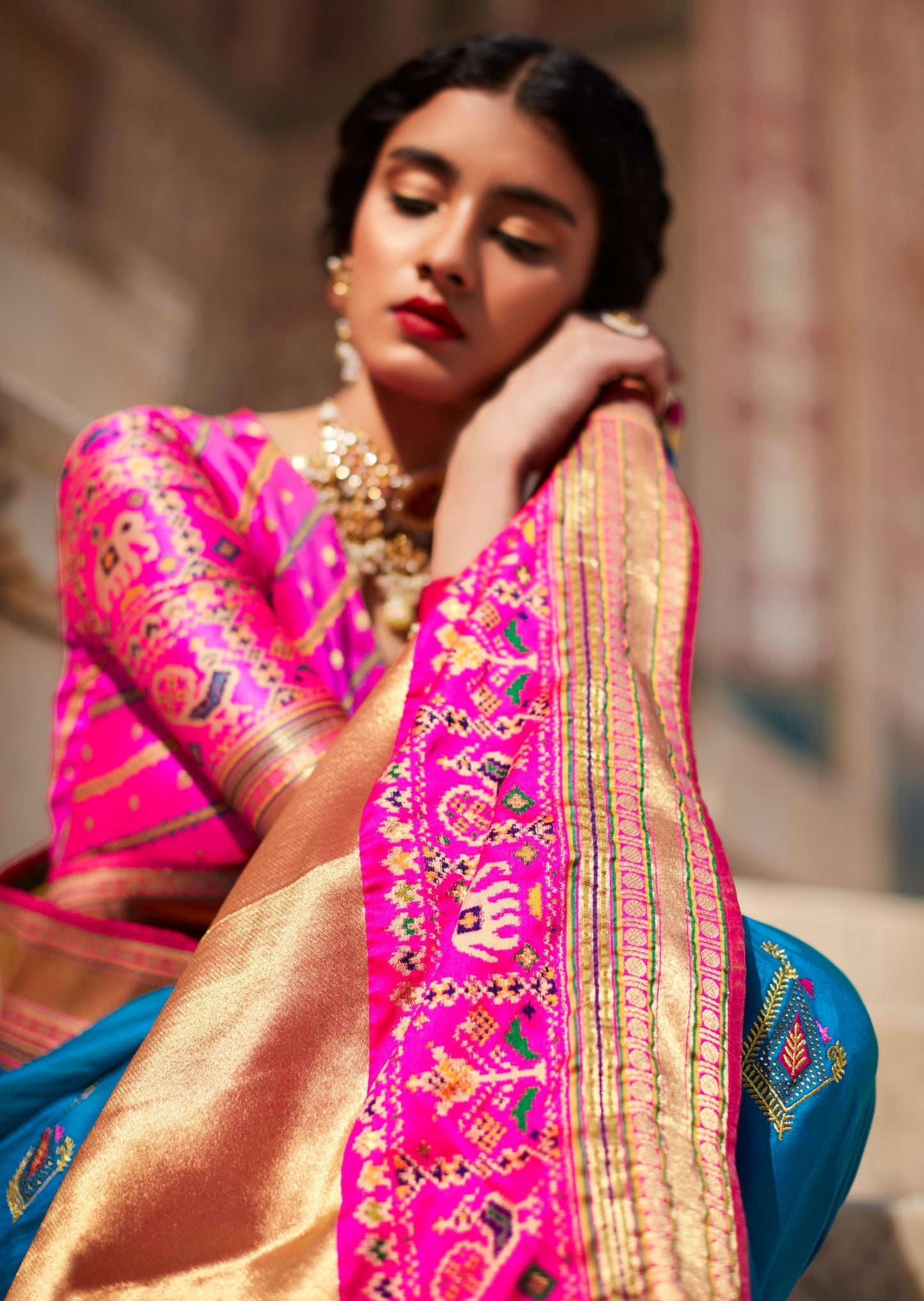 Banarasi Patola Blue Silk Saree with Threadwork Hand Embroidery