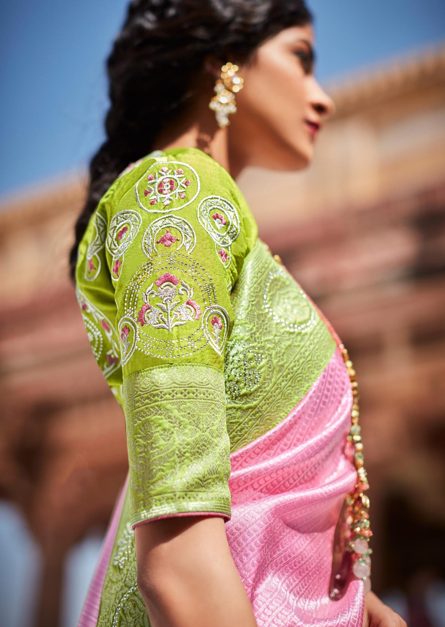 Kanjivaram Silk Pink Saree with Embroidered Blouse