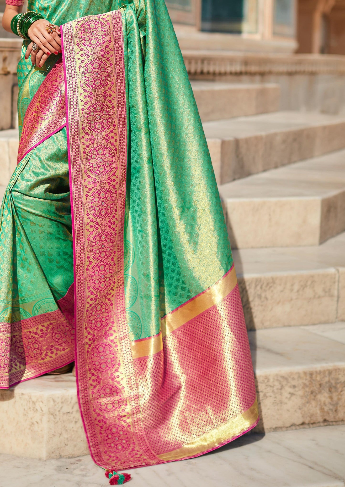 Kanjivaram Silk Green Saree with Embroidered Blouse