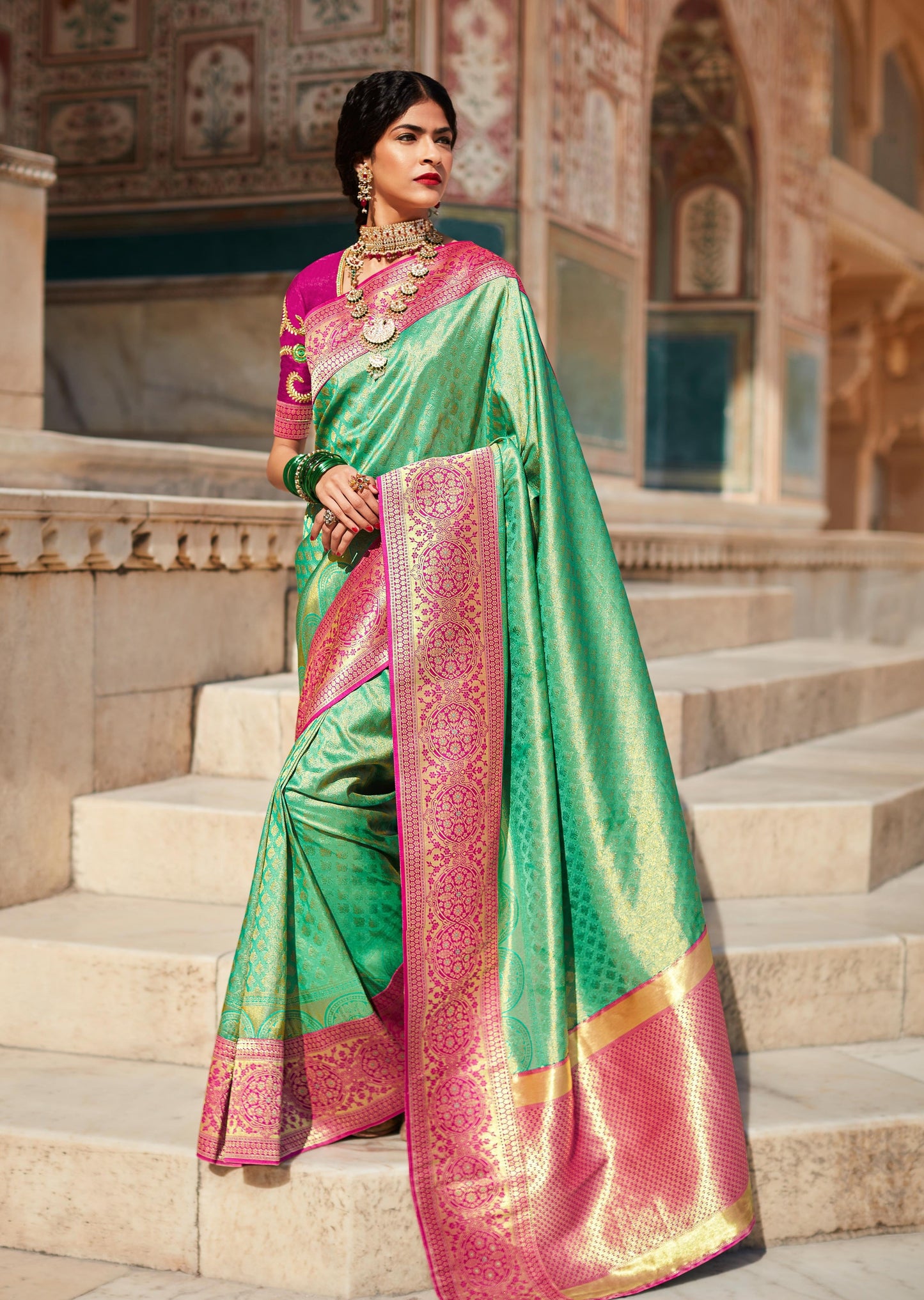 Kanjivaram Silk Green Saree with Embroidered Blouse