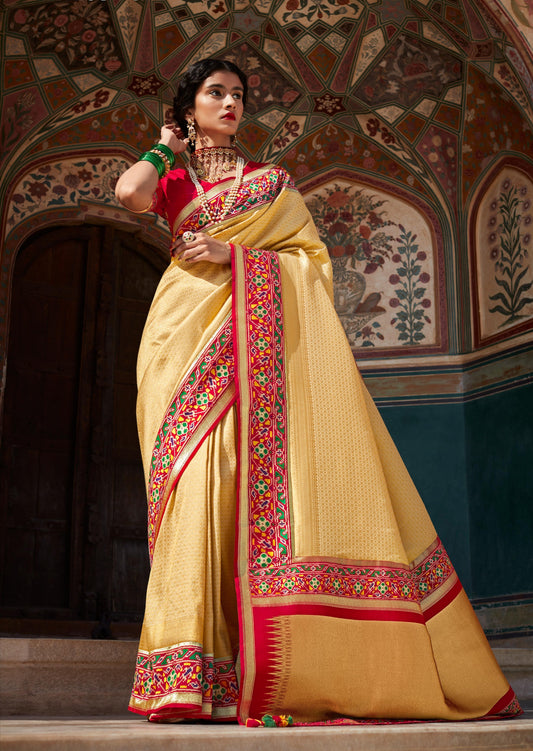 Banarasi Patola Silk Saree with Thread Embroidery Hand Work Blouse (Cream)
