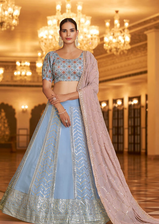 Sky Blue Sequins Lehenga Choli with Thread Work