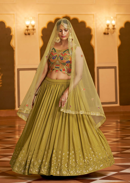 Olive Green Sequins Lehenga Choli with Thread Work