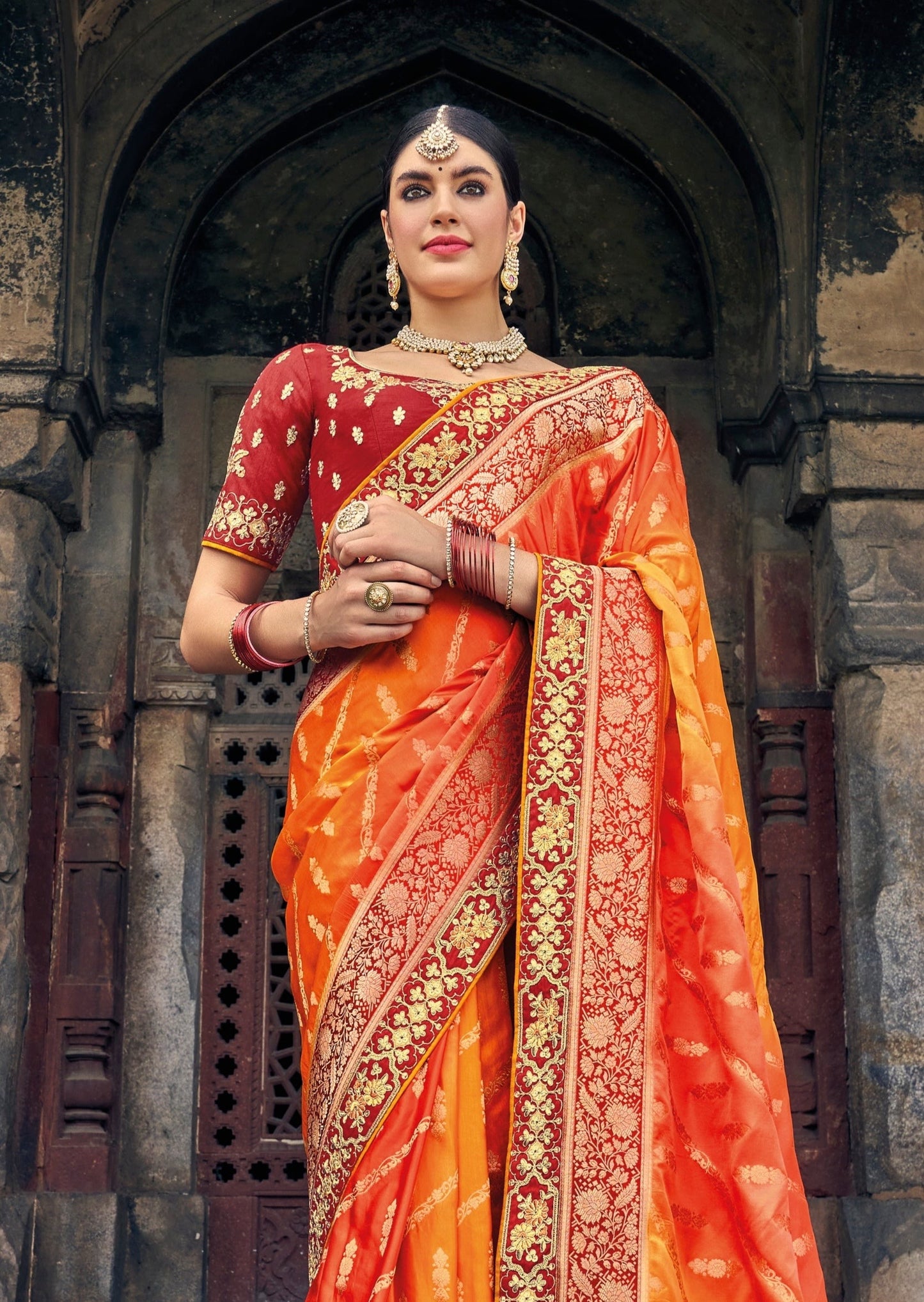 Party Wear Banarasi Silk Orange Saree with Threadwork