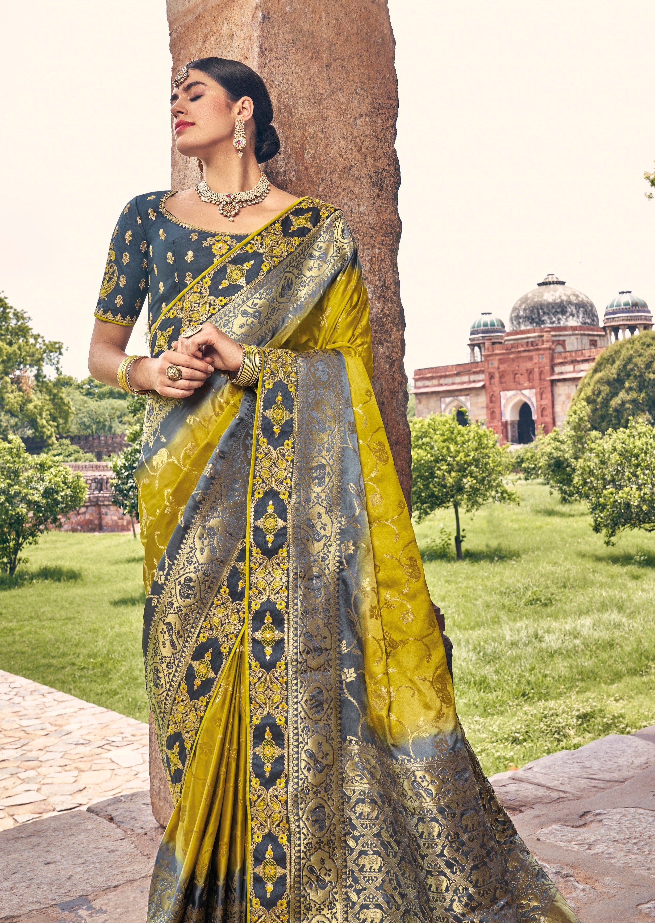 Sari Handwork Handwork Banarasi Silk Yellow Zari Saree – Sunasa