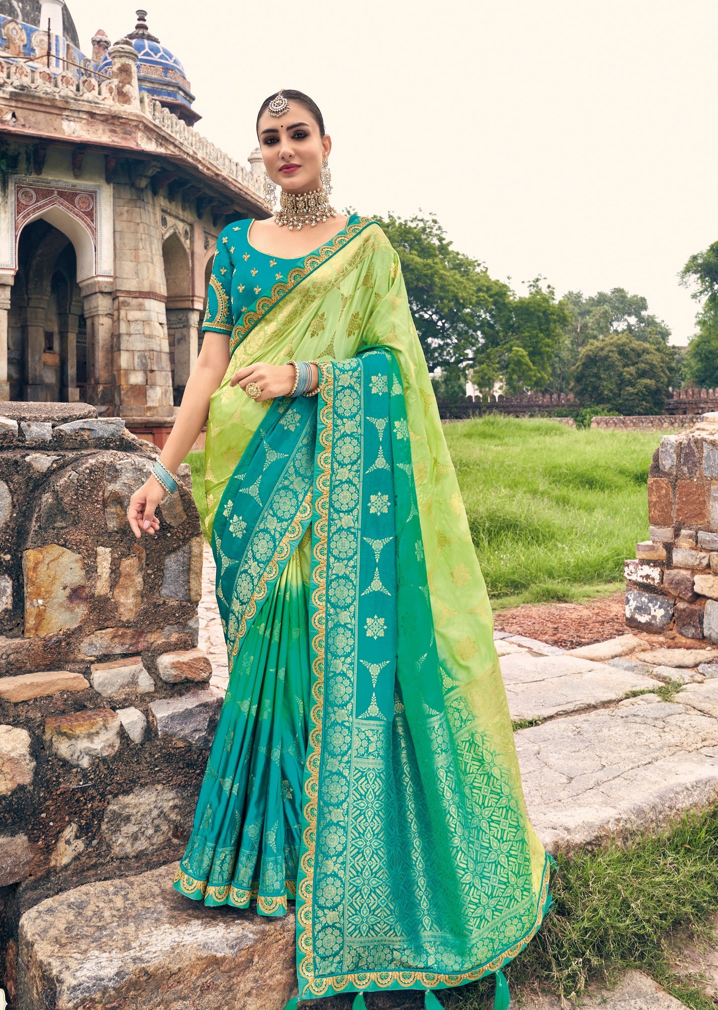 Party Wear Banarasi Silk Dual Tone Green Saree