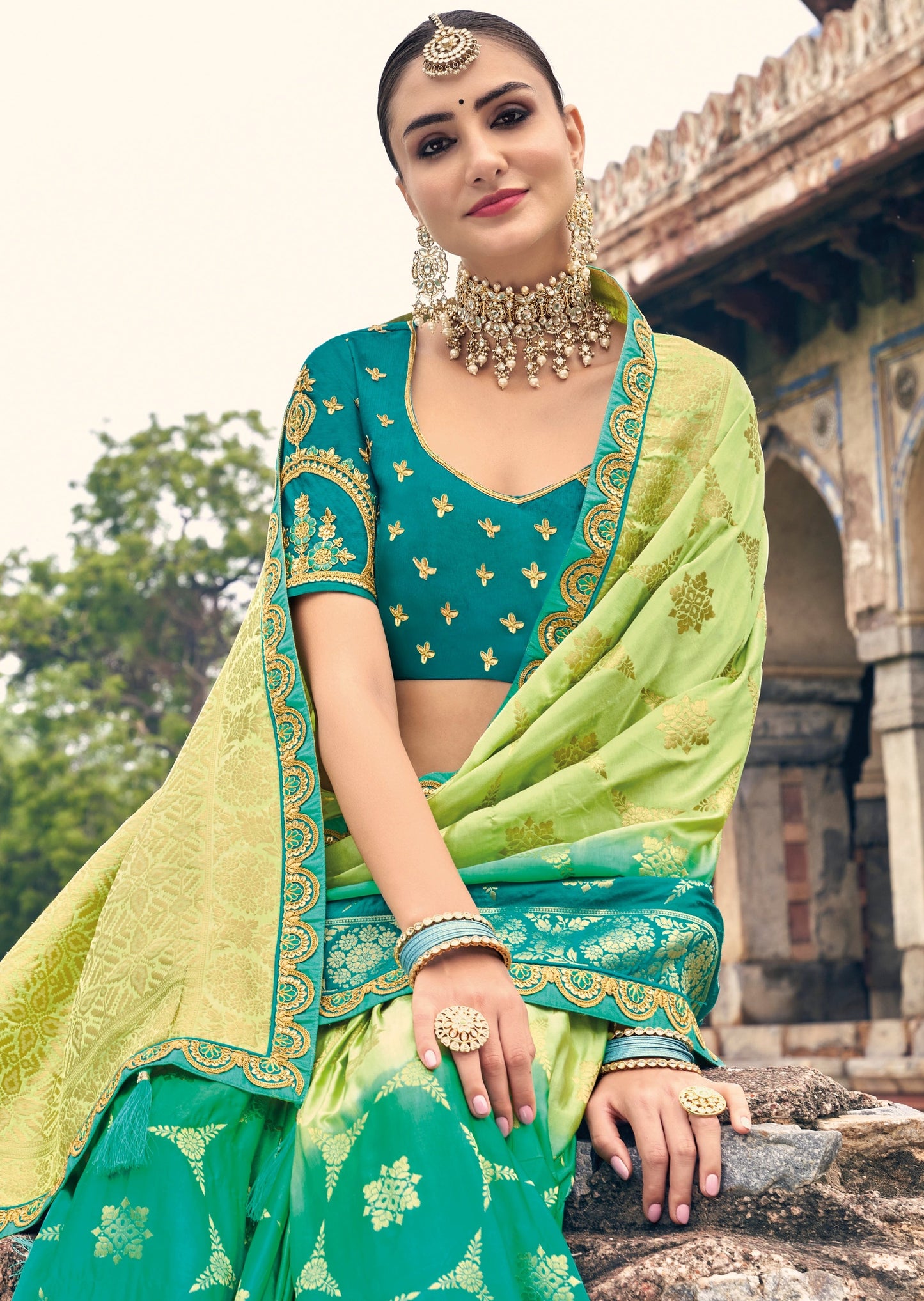 Party Wear Banarasi Silk Dual Tone Green Saree