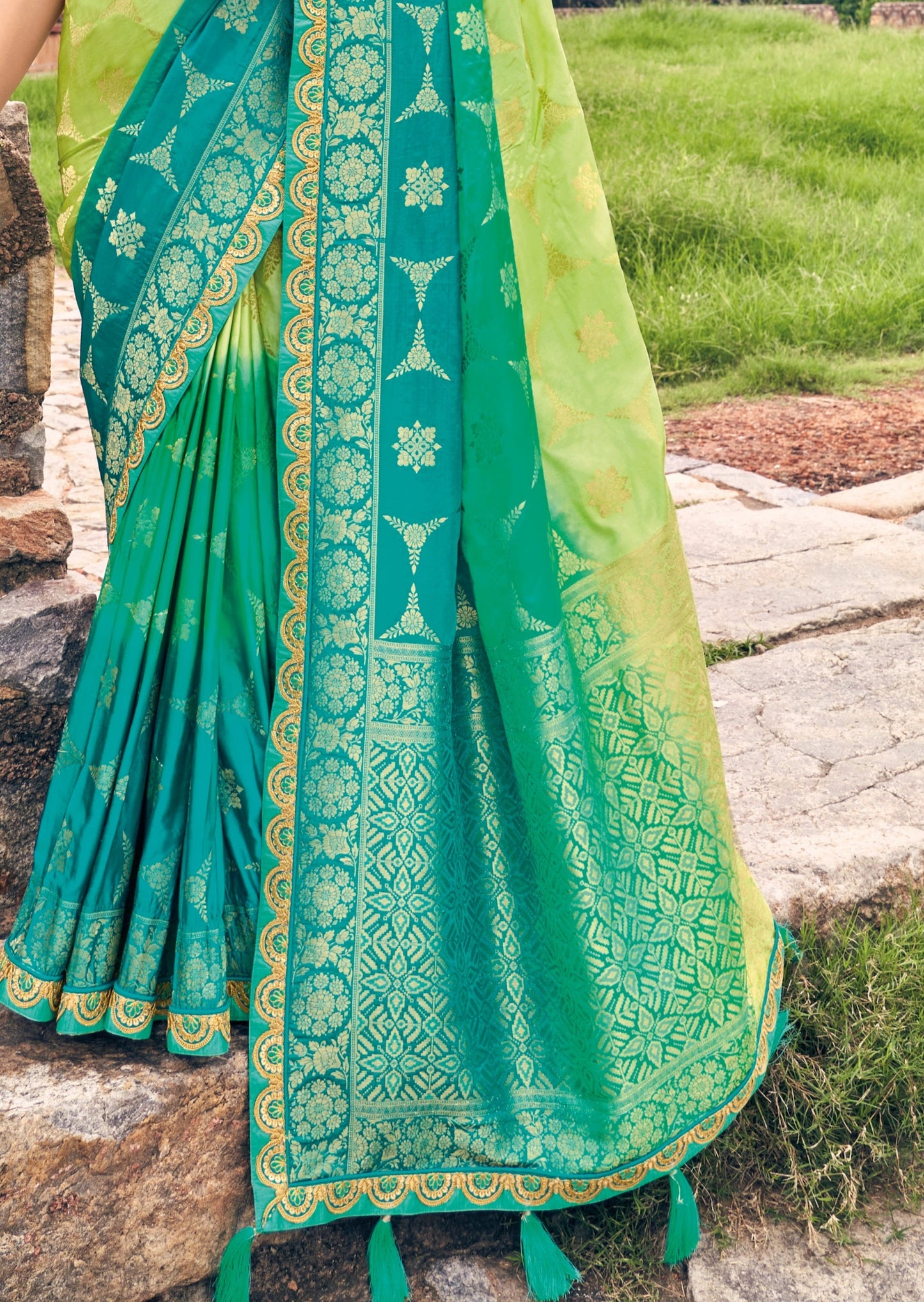 Party Wear Banarasi Silk Dual Tone Green Saree