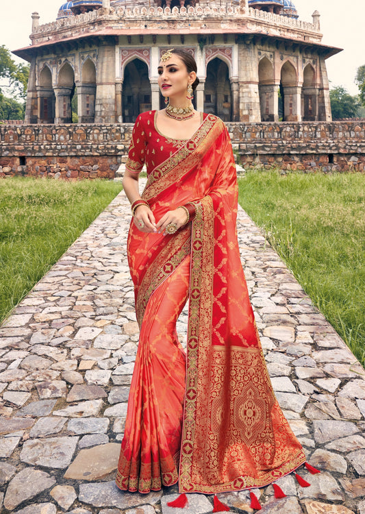 Party Wear Banarasi Silk Dual Tone Red Saree