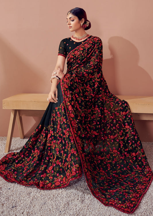 Kashmiri Kali Sozni Embroidery Black Georgette Saree