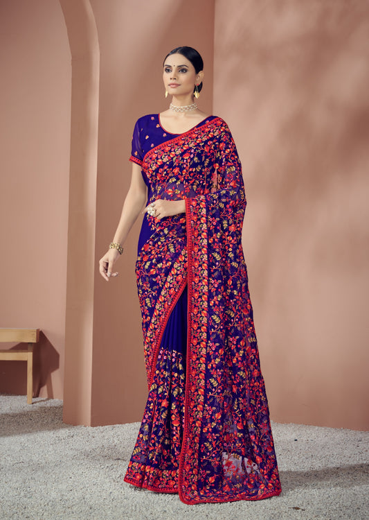 Kashmiri Kali Hand Embroidery Blue Georgette Saree