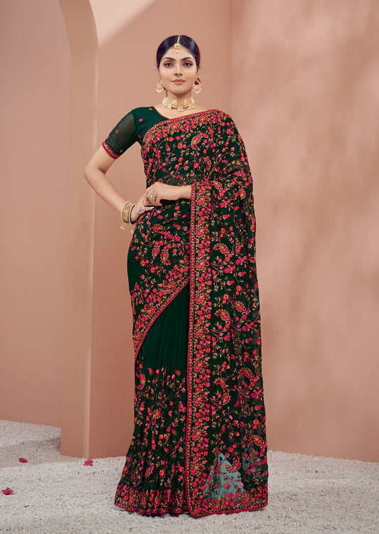 Kashmiri Kali Hand Embroidery Green Georgette Saree