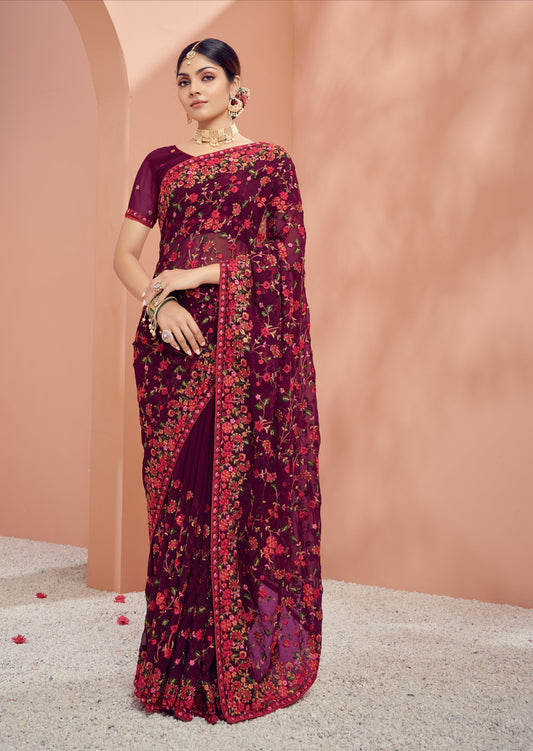 Kashmiri Hand Embroidered Maroon Georgette Saree