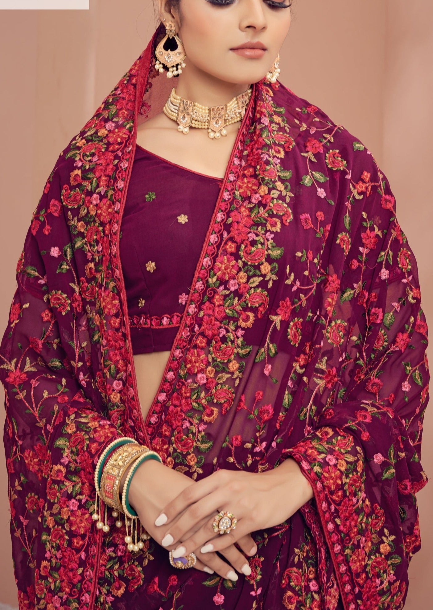 Kashmiri Hand Embroidered Maroon Georgette Saree