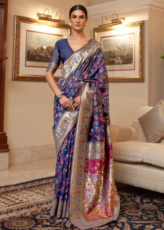 Kashmiri Pashmina Handloom Silk Blue Saree