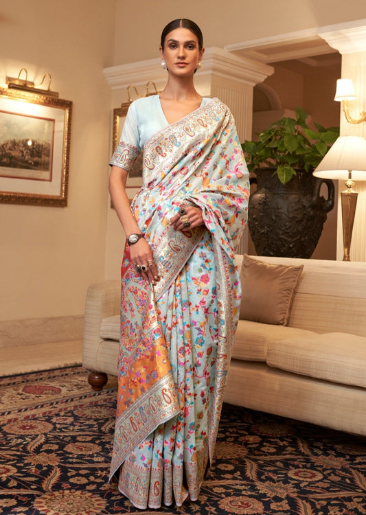 Kashmiri Pashmina Silk Pastel Blue Saree