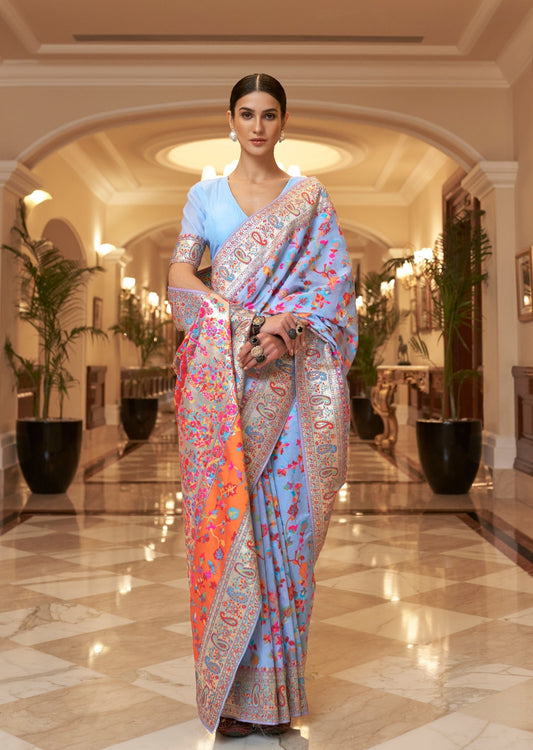Kashmiri Jamawar Pure Silk Light Blue Saree
