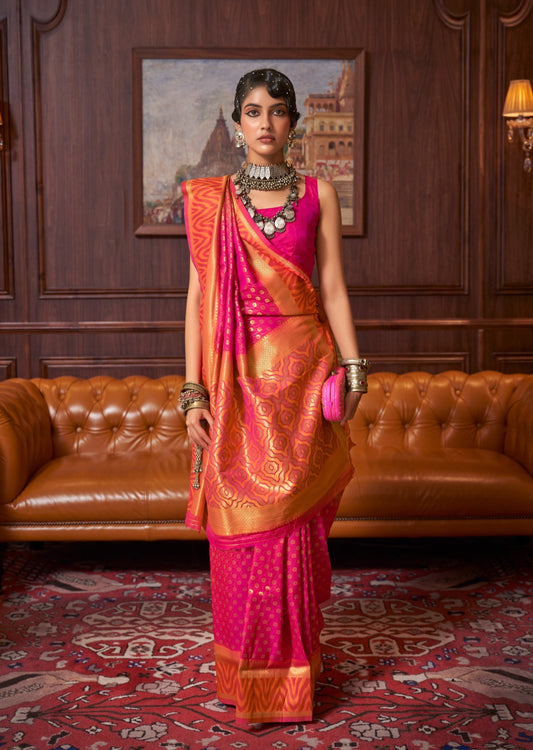 Kanjivaram silk pink handloom sarees online in usa for bride's wedding wear.