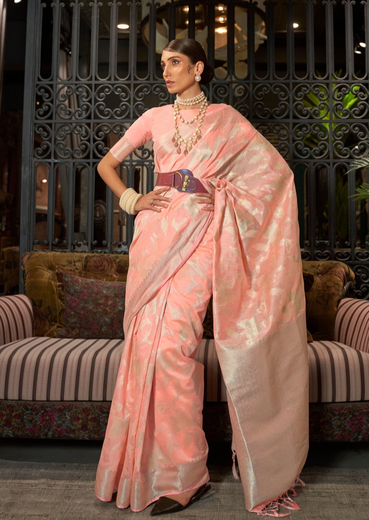 Pure Handloom Weaving Peach Banarasi Silk Zari Saree