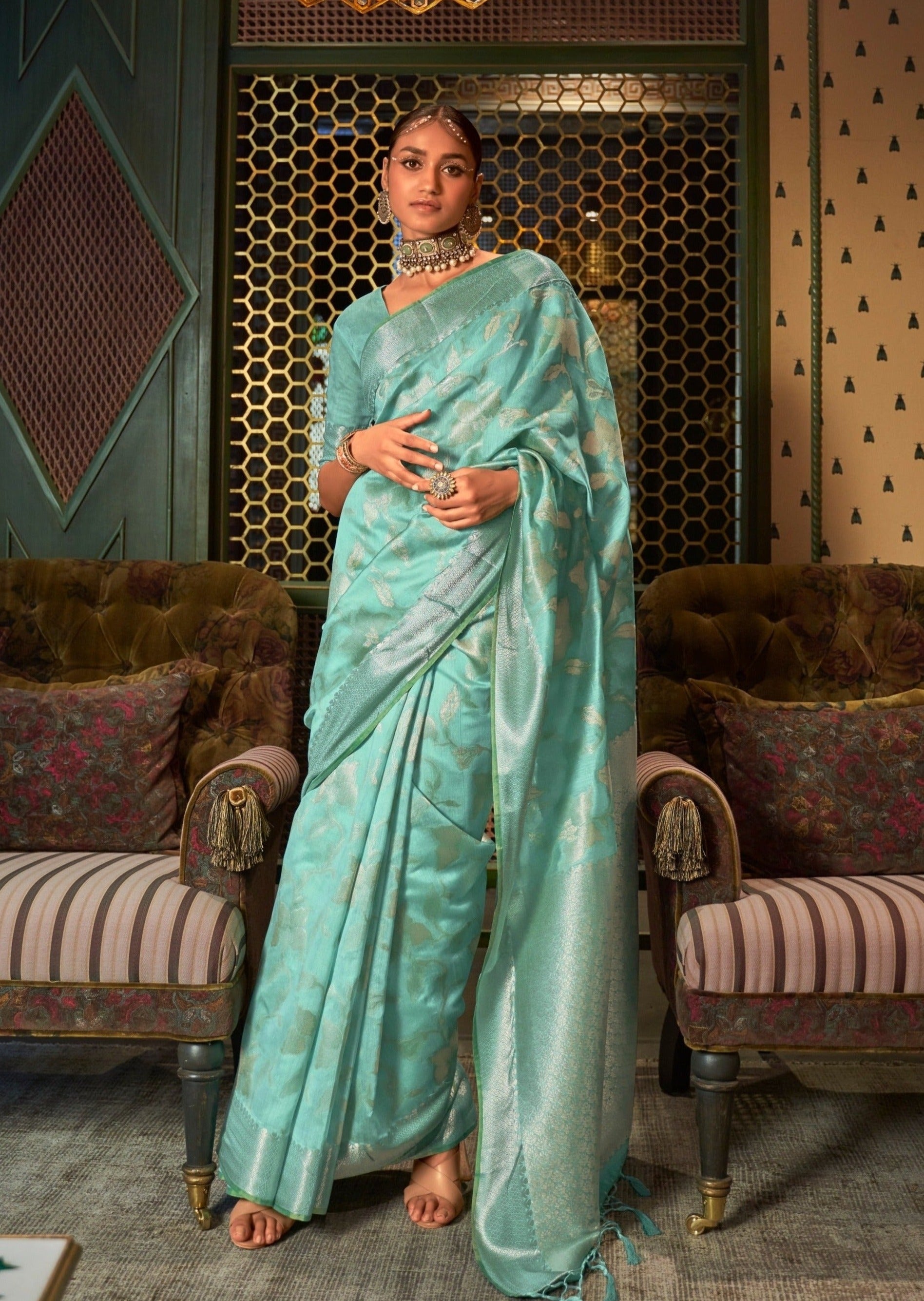Teal Banarasi Handloom Silk Saree with Zari Weaving Work main image 1