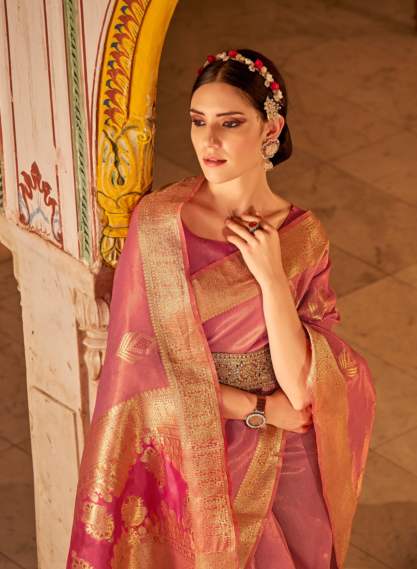 Pink Banarasi Tissue Silk Saree with Golden Border