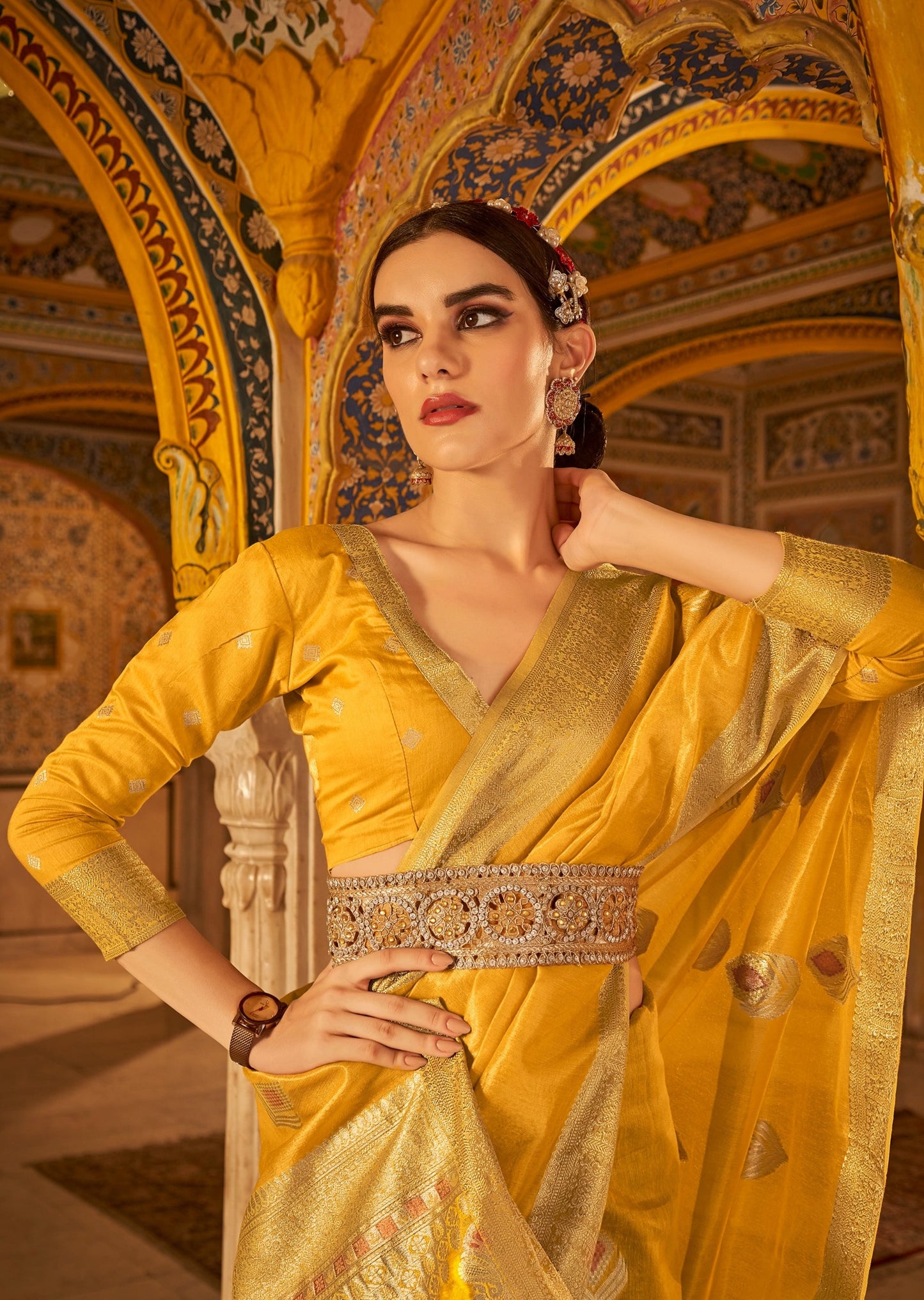 Pure Handloom Banarasi Tissue Silk Yellow Saree