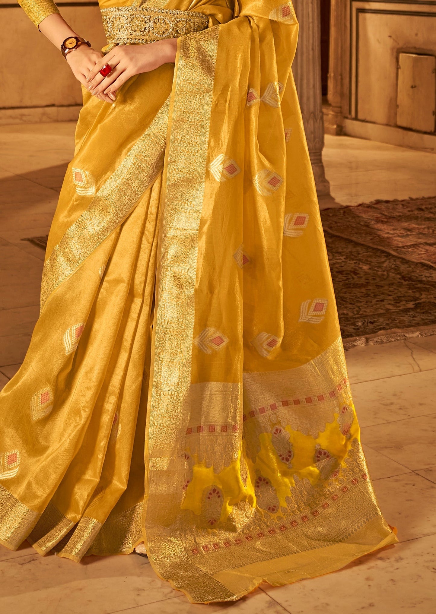 Pure Handloom Banarasi Tissue Silk Yellow Saree