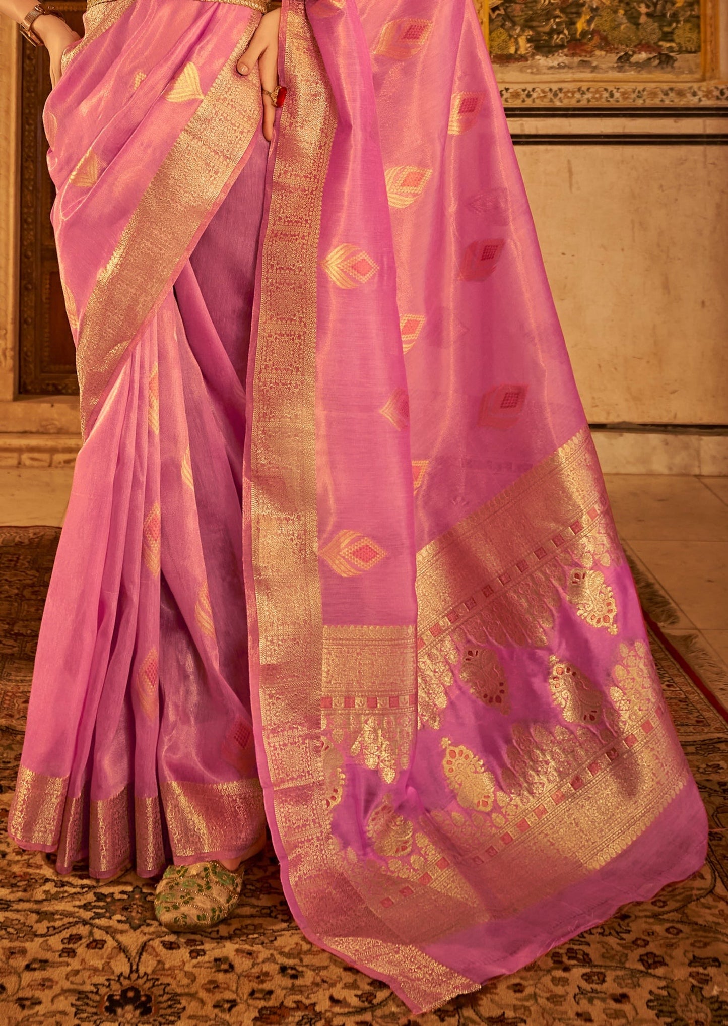Pure Handloom Banarasi Tissue Silk Pink Saree