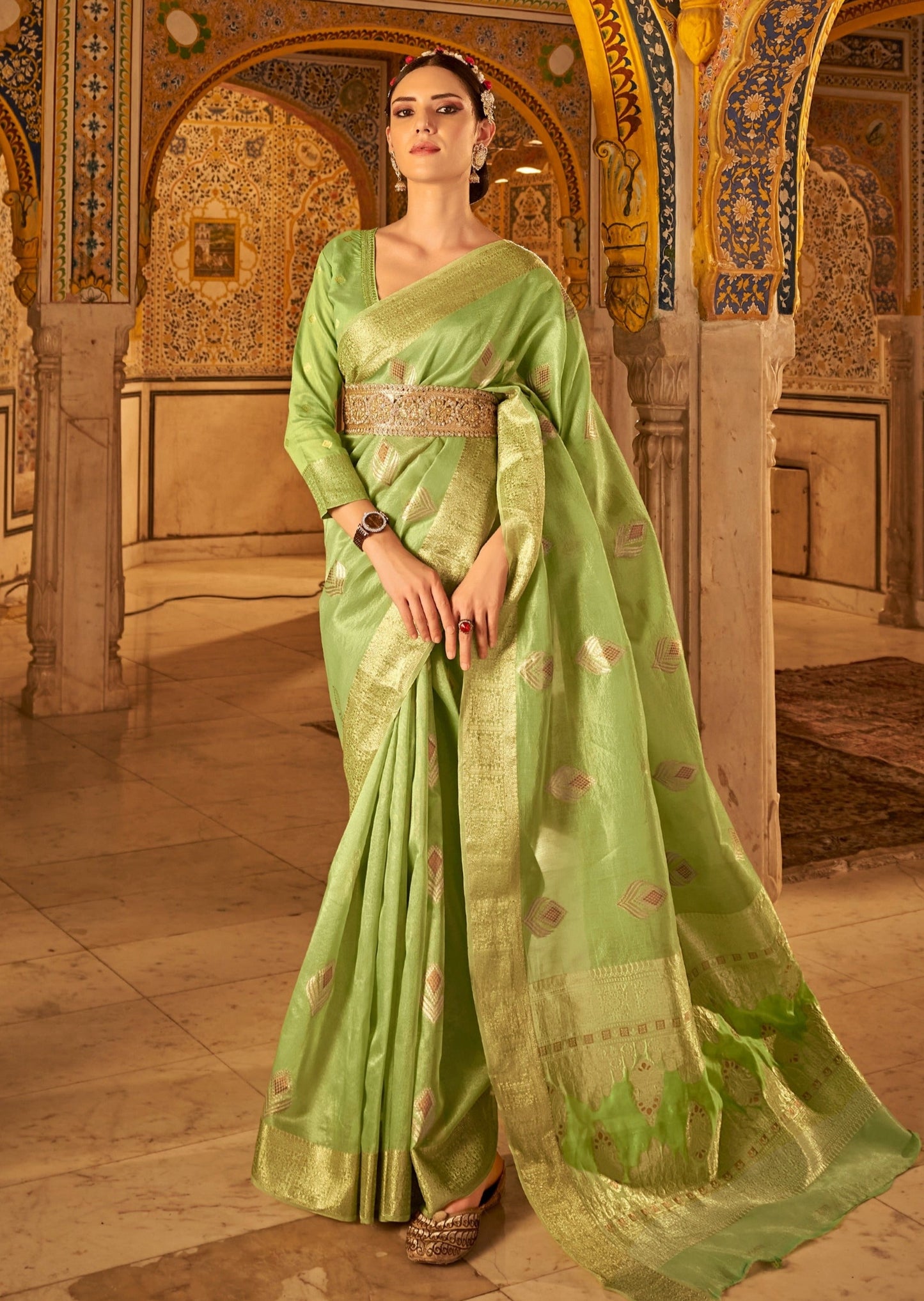 Pure handloom tissue silk lime green banarasi saree online shopping price.