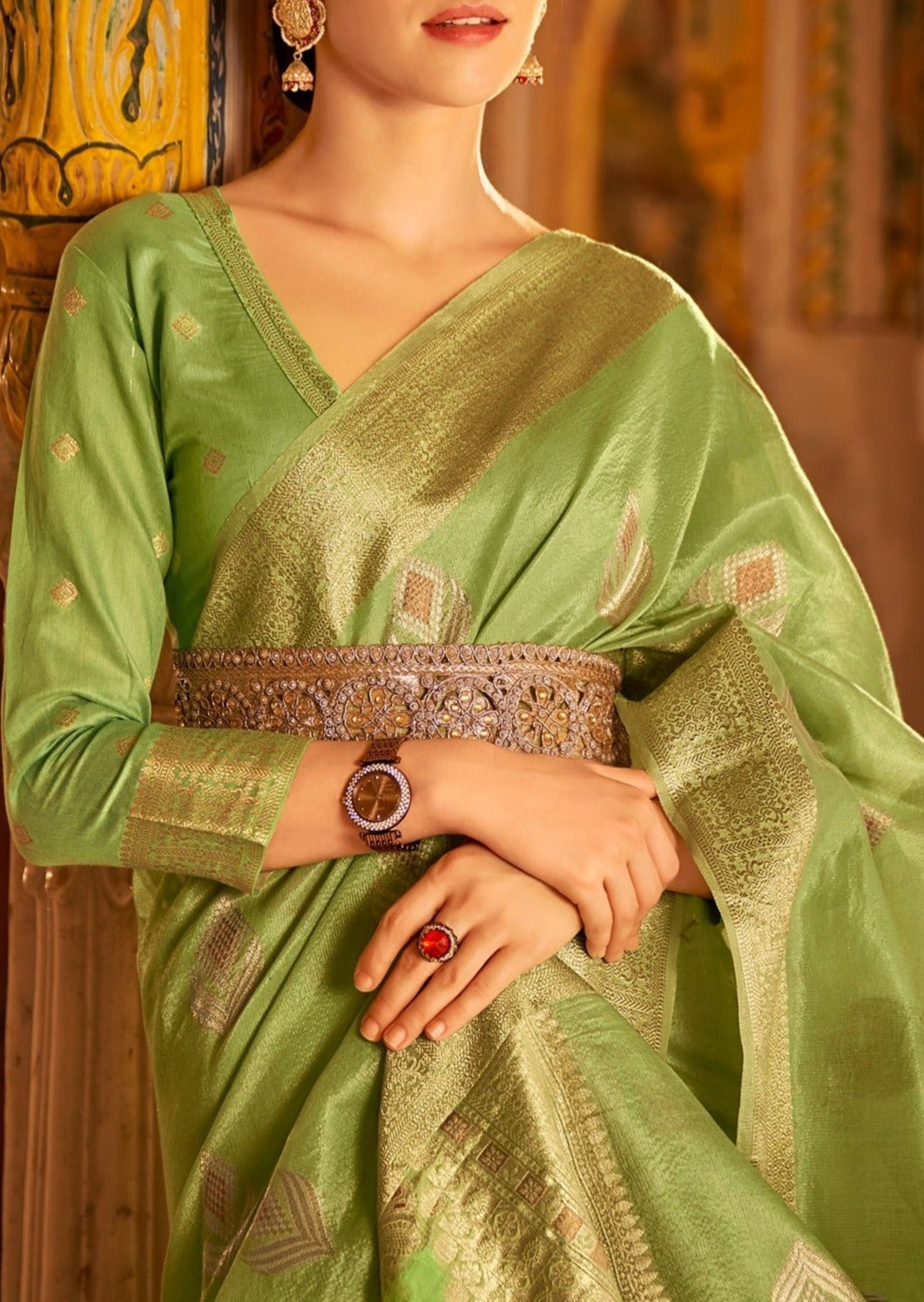 Pure Handloom Banarasi Tissue Silk Lime Green Saree