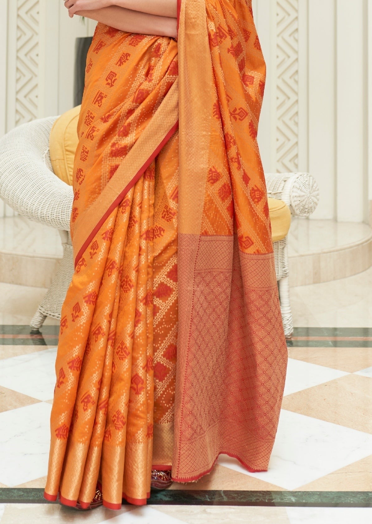 Bandhej Patola Silk Orange Bandhani Saree