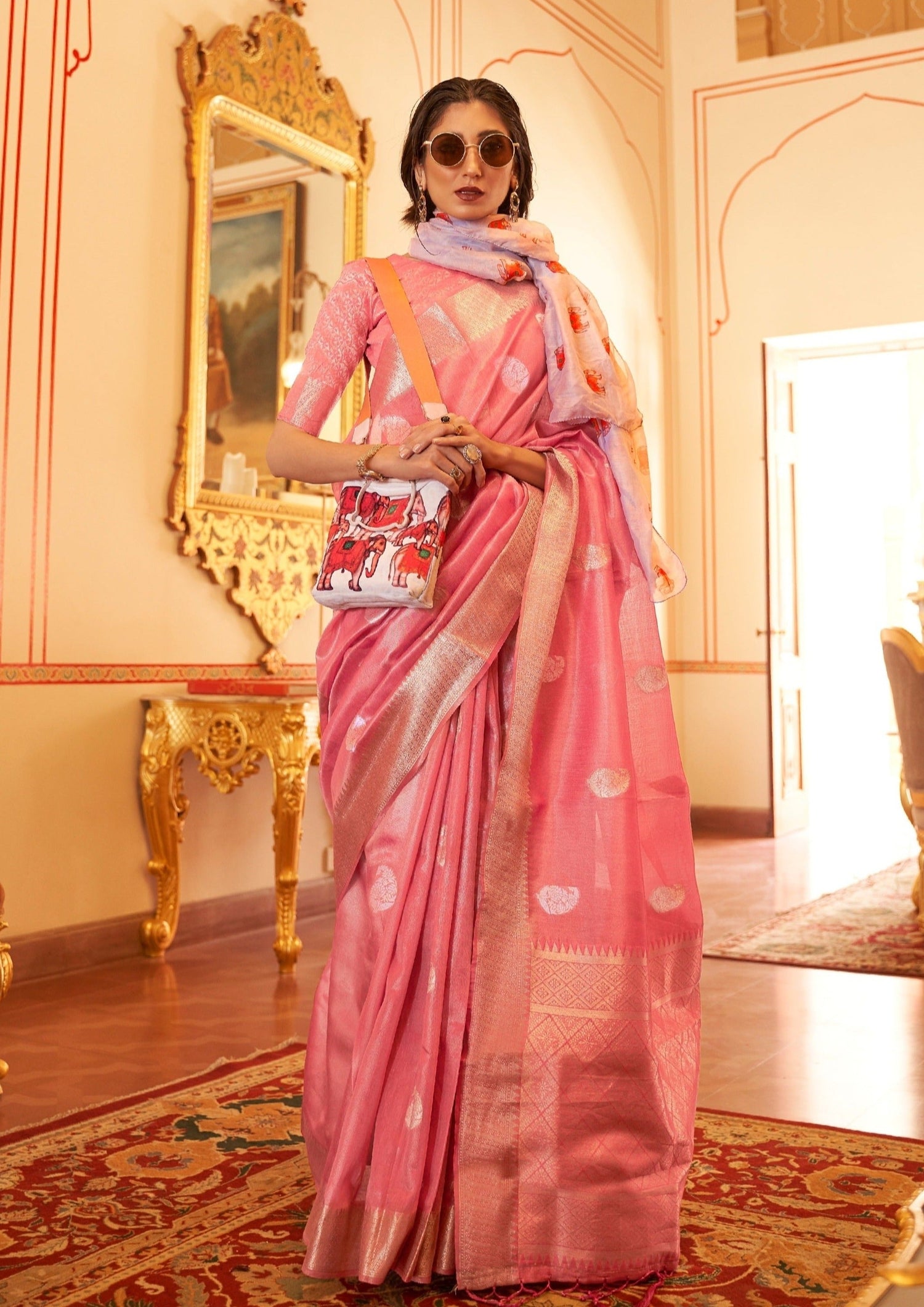 Pink banarasi tissue silk saree blouse.