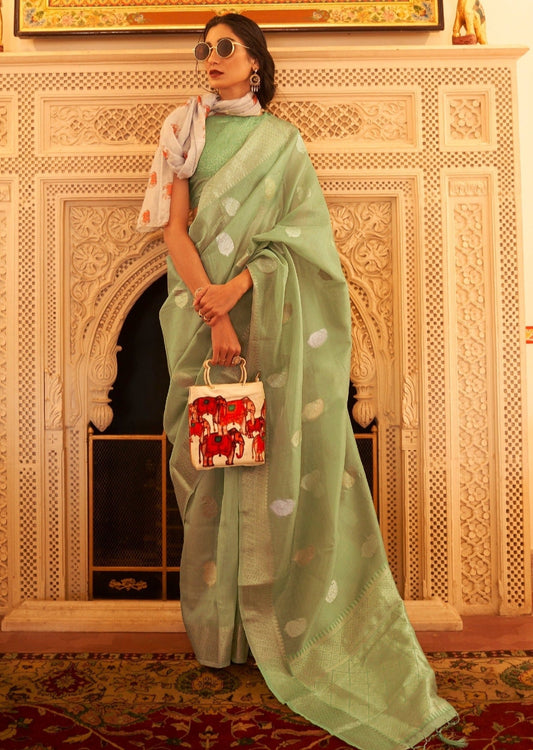 Banarasi tissue silk green color handloom saree online shopping with price.