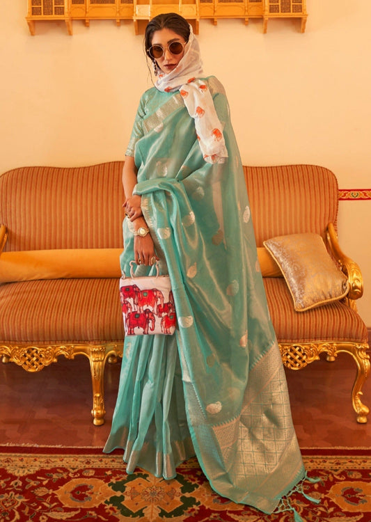 Banarasi tissue silk blue color handloom saree online shopping for bride.