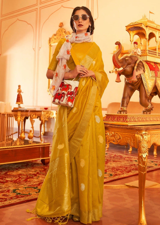 Banarasi tissue silk yellow color zari work handloom saree online shopping with price.