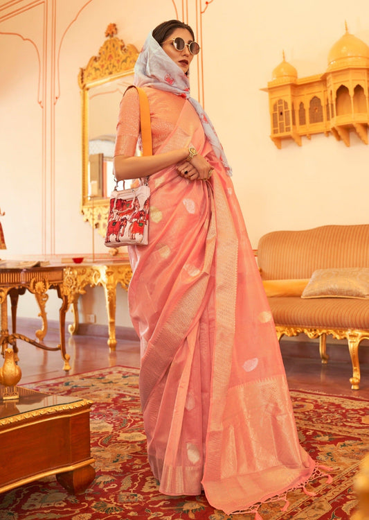 Banarasi tissue silk peach colour handloom saree online shopping.