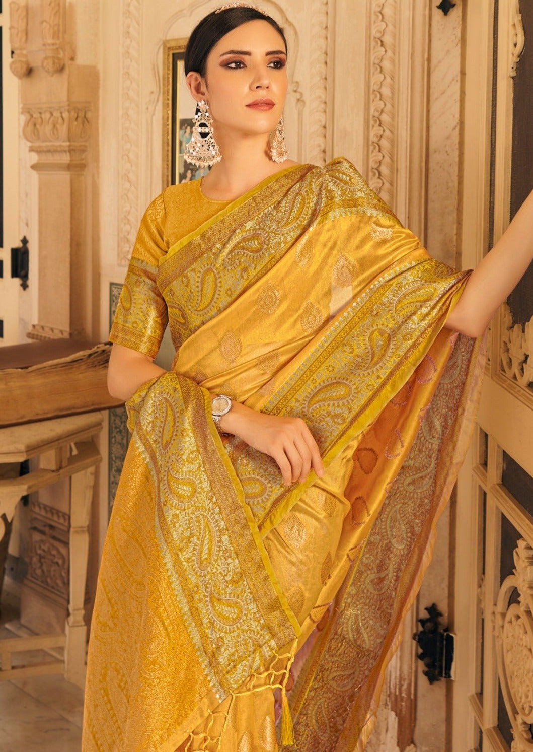 Yellow banarasi organza saree online with price.